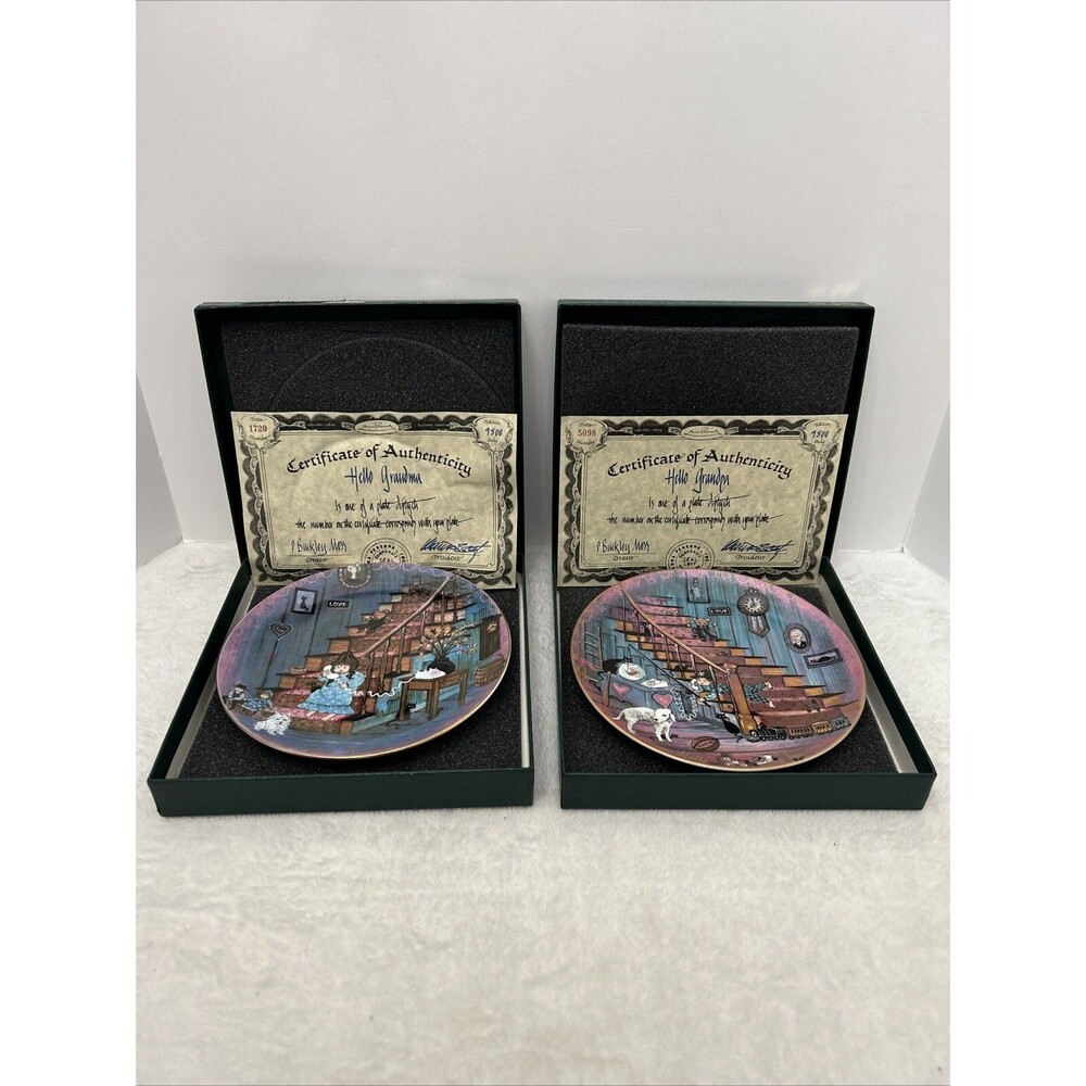 🔥LOT OF 2 - P. Buckley Moss‎ Vintage “Hello Grandma” Plates VGC In Original Box